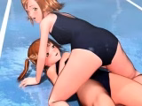Anime threesome with cute schoolgirls sharing dick